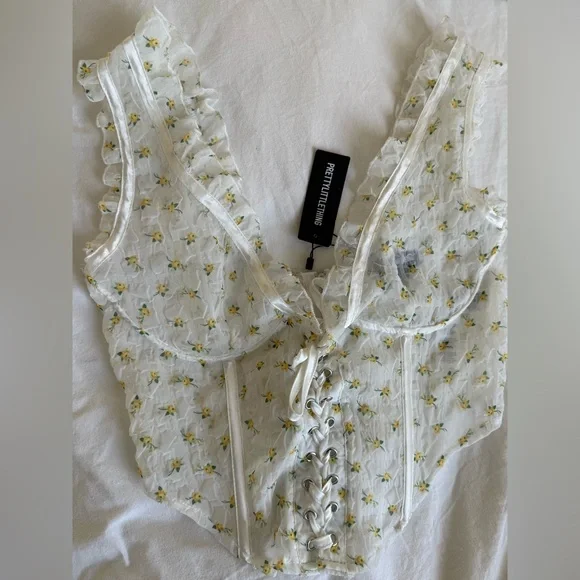 NWT PrettyLittleThing White Floral Chiffon Lace Up Boned Corset Top 6 - Picture 12 of 12